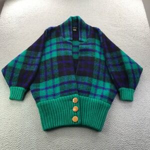VTG IB Diffusion Sweater Womens Small Green Purple Plaid Mohair Blend 80s Boxy